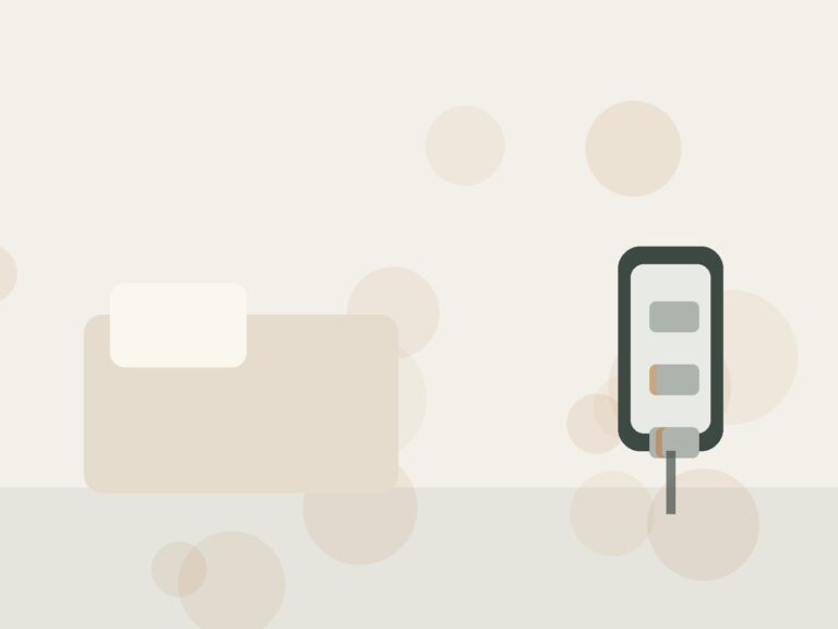 Smartphone charging on a hallway shelf outside a calm bedroom doorway
